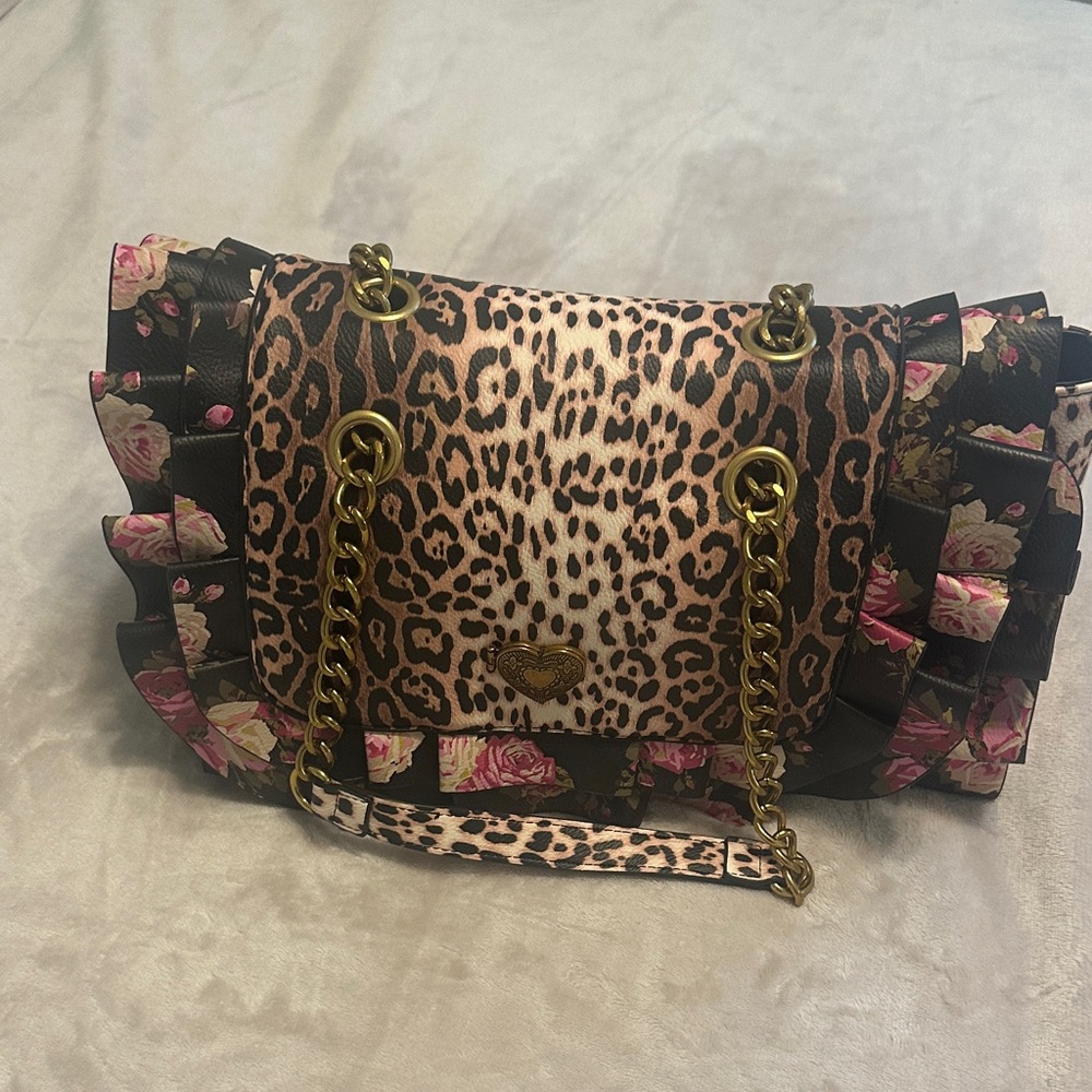 Betsey Johnson Leopard & Pink Floral Chain Shoulder Bag